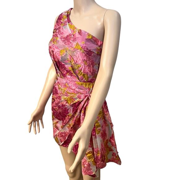 Showpo Brailey Mini Dress Sz 2 One Shoulder Wrap Front Floral Coquette Jacquard - Picture 2 of 12